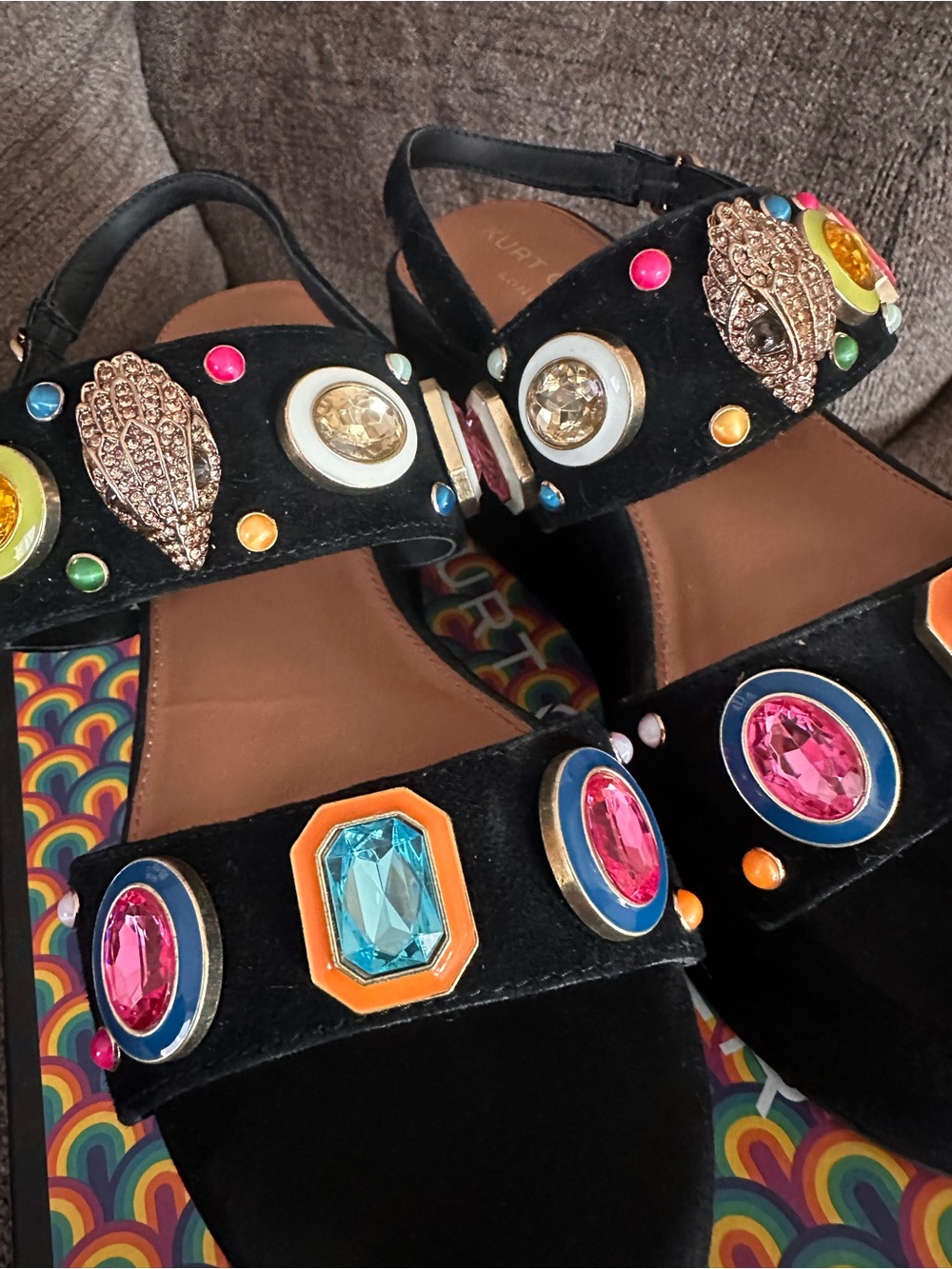 Kurt Geiger Black Velvet Jeweled Platform Sandals - Picture 7 of 8